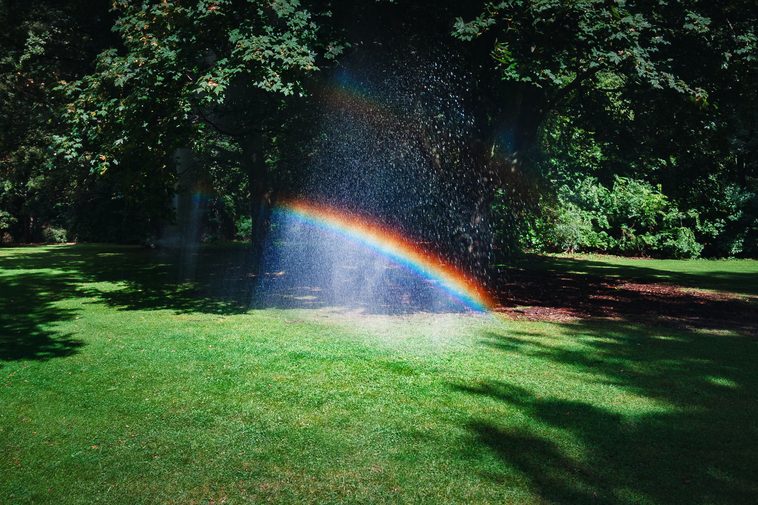Regenbogen in bewässertem Garten